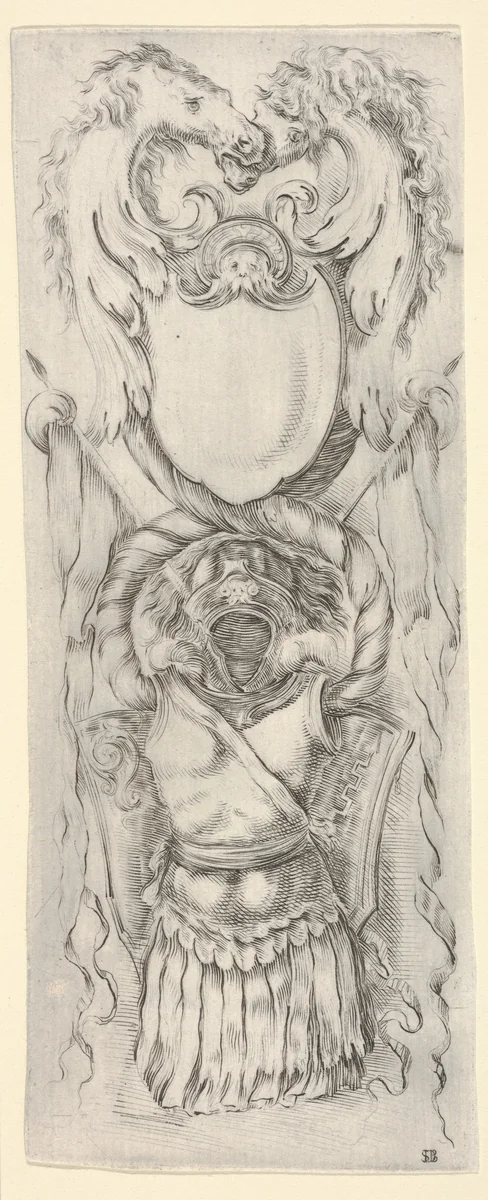 Vertical Panel with a Cartouche stacked on top of a Cuirass, from "Ornaments or Grotesques" (Ornamenti o Grottesche) by Stefano della Bella, print, 1650-1656