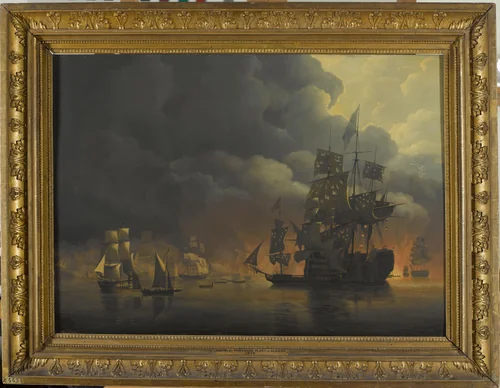 The Anglo-Dutch Fleet under Lord Exmouth and Vice Admiral Jonkheer Theodorus Frederik van Capellen putting out the Algerian Strongholds, 27 August 1816 by Nicolaas Baur, painting, 1818