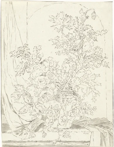 Vaas met bloemen voor een nis by Bernhard Schreuder, print, 1767-1780