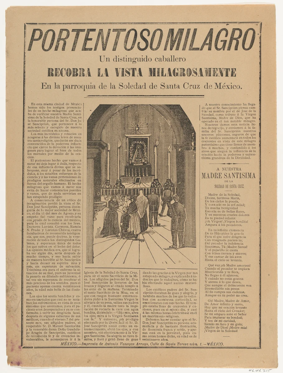 Broadsheet relating to a miracle that occured when a distinguished man regained his sight in the parish church of Soledad de Santa Cruz by José Guadalupe Posada, print, 1900-1910