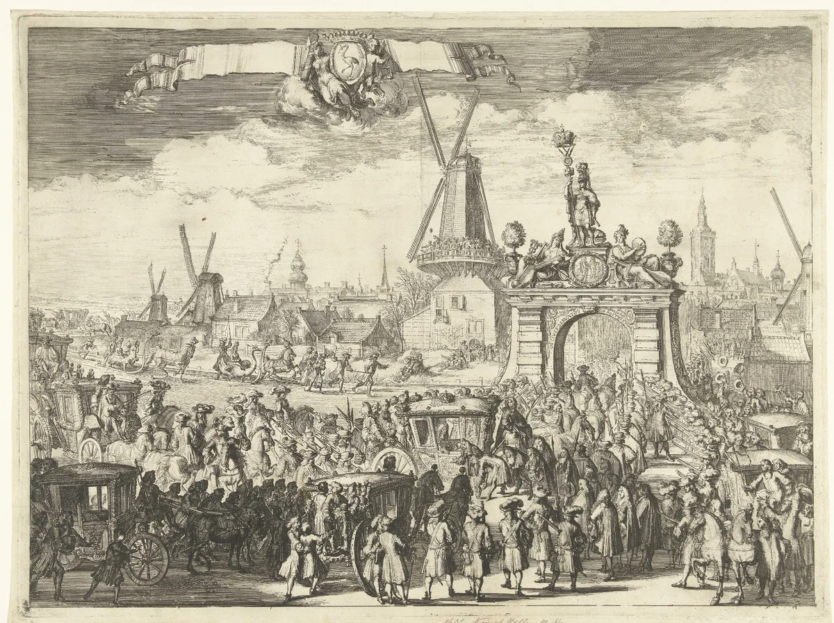 Aankomst van Willem III bij de Westeinderbrug, 1691 by Romeyn de Hooghe, print, 1691