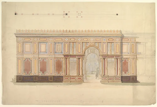 Elevation and Cross-Section of of Gallery Wall by John Gregory Crace, drawing, 1825-1900