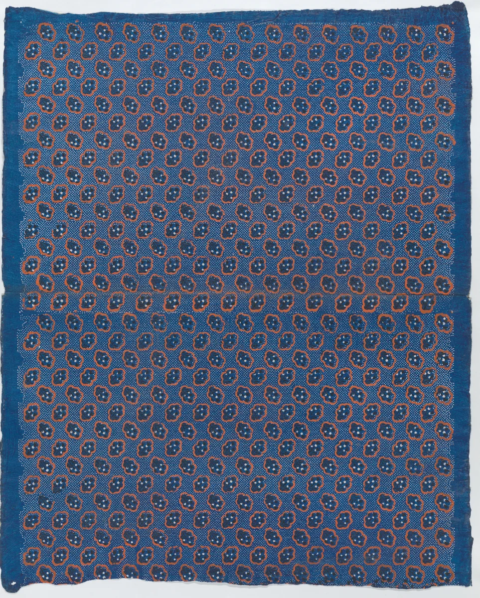 Blue sheet with two borders with a white floral and lace pattern by anonymous, print, 1775-1875