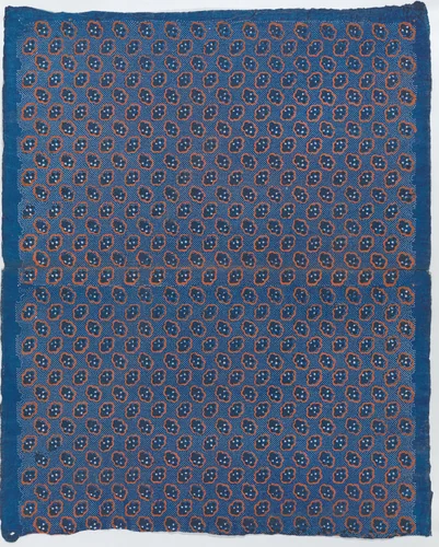 Blue sheet with two borders with a white floral and lace pattern by anonymous, print, 1775-1875