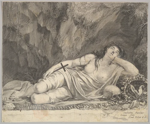 St. Mary Magdalen Reclining in a Grotto by Claude Mellan, print, 1600-1680