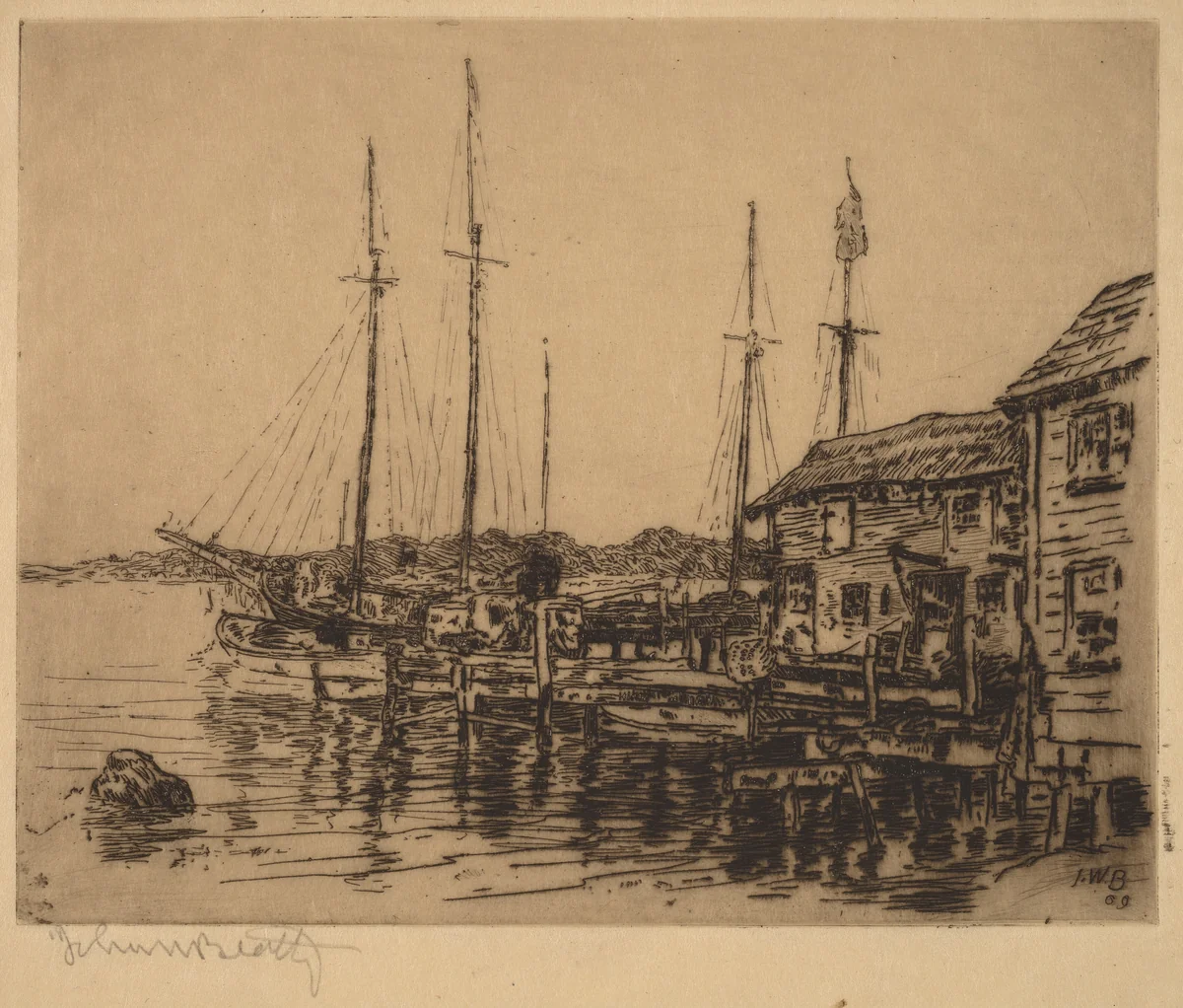 Fishing Boats Along Quay, Noank, Conn. by John Wesley Beatty, print, 1909