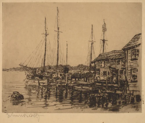 Fishing Boats Along Quay, Noank, Conn. by John Wesley Beatty, print, 1909