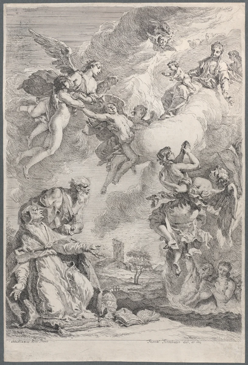 Pope Saint Gregory I Frees the Souls from Purgatory with His Prayers by Francesco Fontebasso, print, 1731