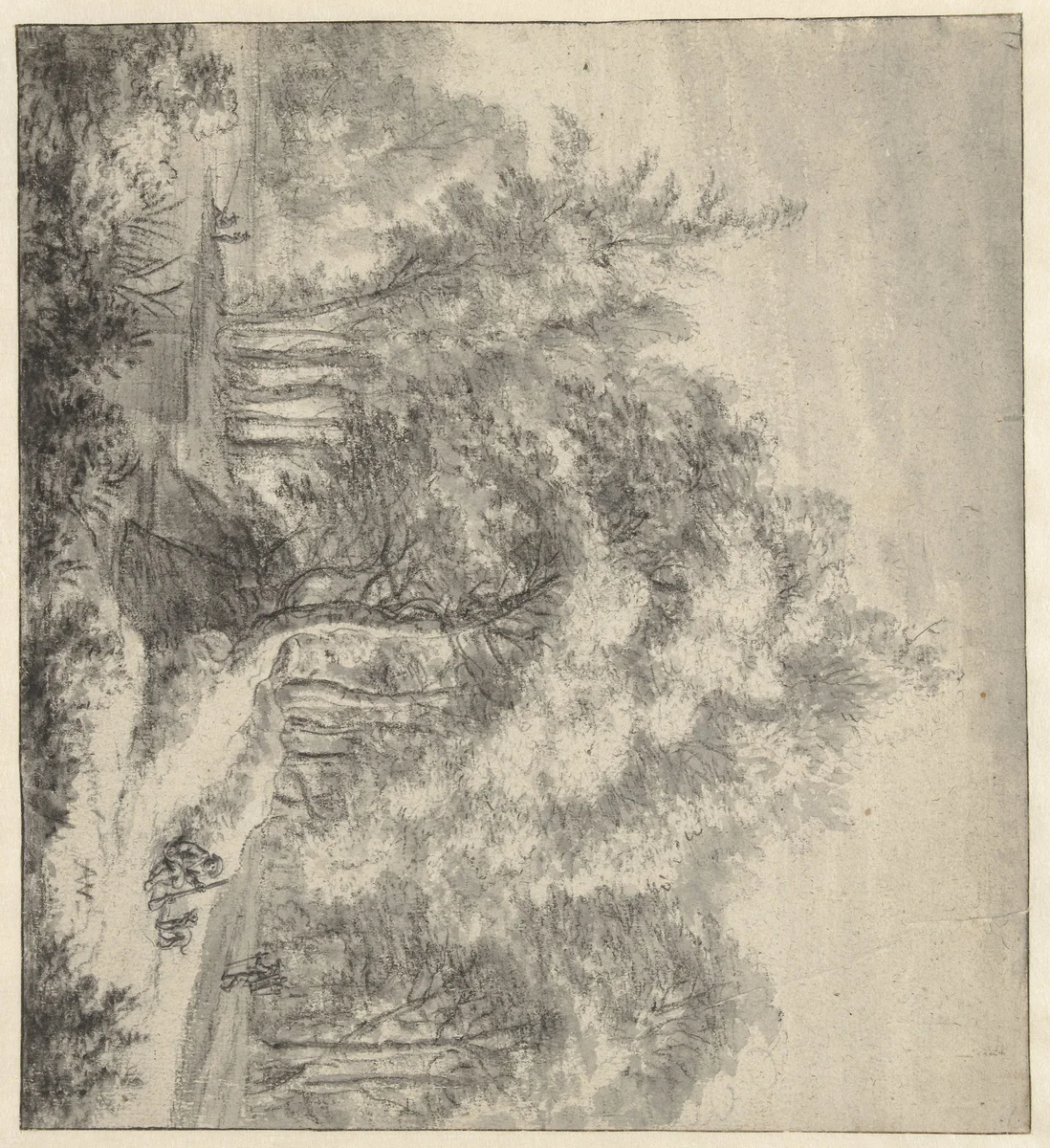 Bosgezicht met een vijver en enkele figuren by Anthonie Waterloo, drawing, 1619-1690