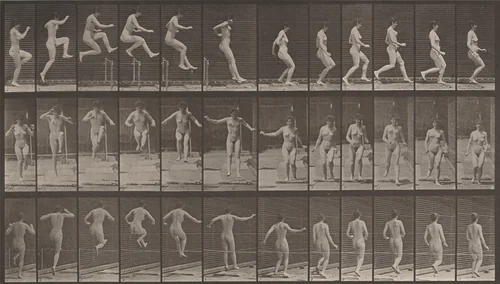Plate Number 155. Jumping, running straight high jump by Eadweard Muybridge, photograph, 1887