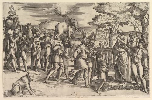 Melchizadek offering bread and wine to Abraham by Battista Franco, print, 1540-1550