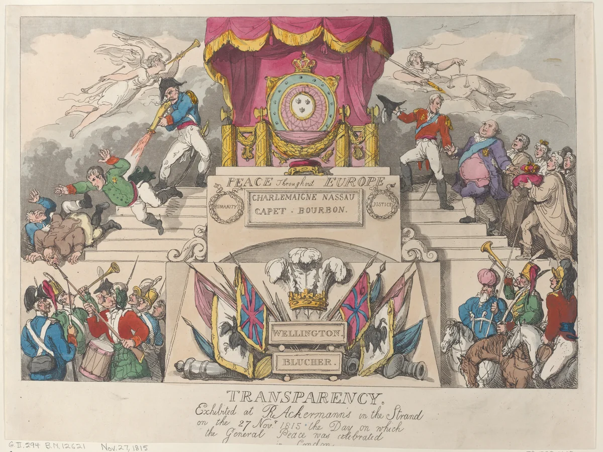 Transparency: Exhibited at R. Ackermann's in the Strand on the 27th November 1815, the Day on which the General Peace was Celebrated in London by Thomas Rowlandson, print, 1815