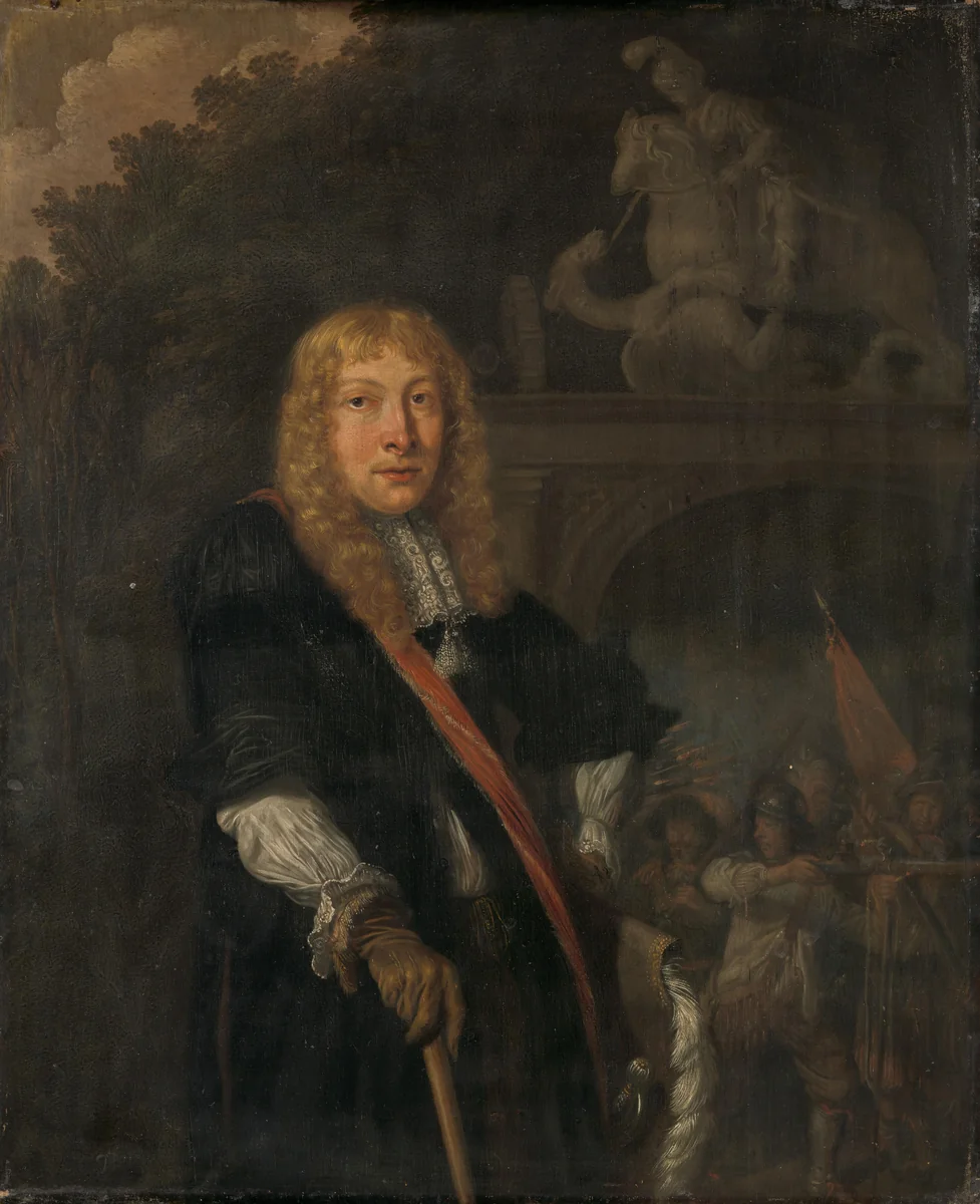 Portrait of an officer of the Leiden civic guard in front of the gate of the headquarters of the St. George guards by Domenicus van Tol, painting, 1673