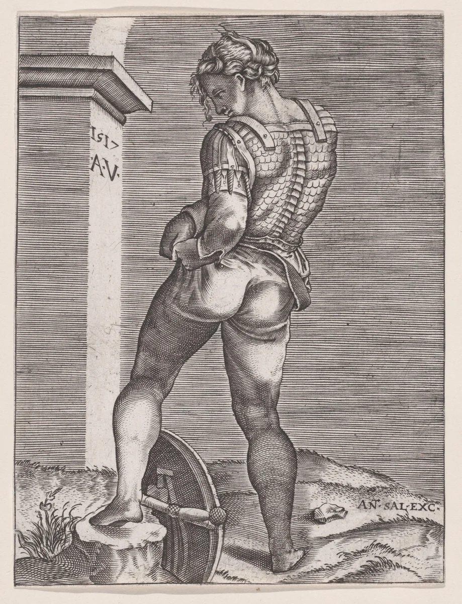 Soldier Attaching His Breeches to His Breast plate by anonymous, print, 1517