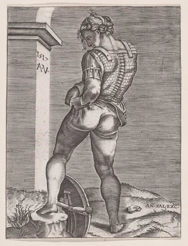 Soldier Attaching His Breeches to His Breast plate by anonymous, print, 1517