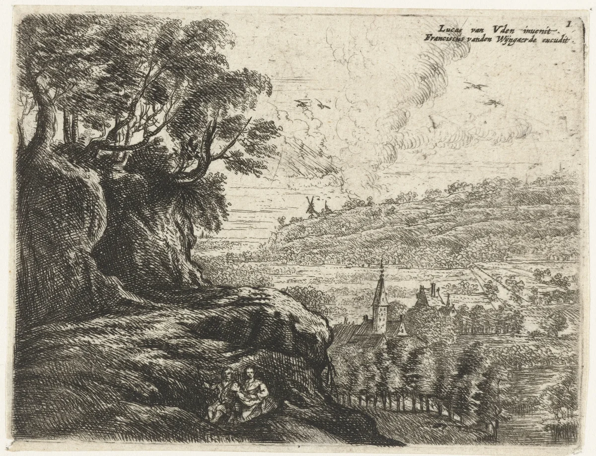Landschap met een man, vrouw en kind by Philips Augustijn Immenraet, print, 1637-1679
