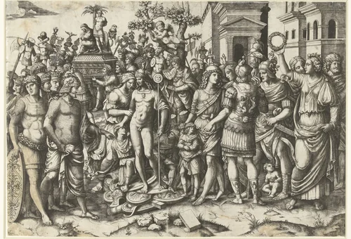 Triomftocht van Romeinse keizer met soldaten en buitgemaakte wapenrustingen by Marcantonio Raimondi, print, 1510-1527