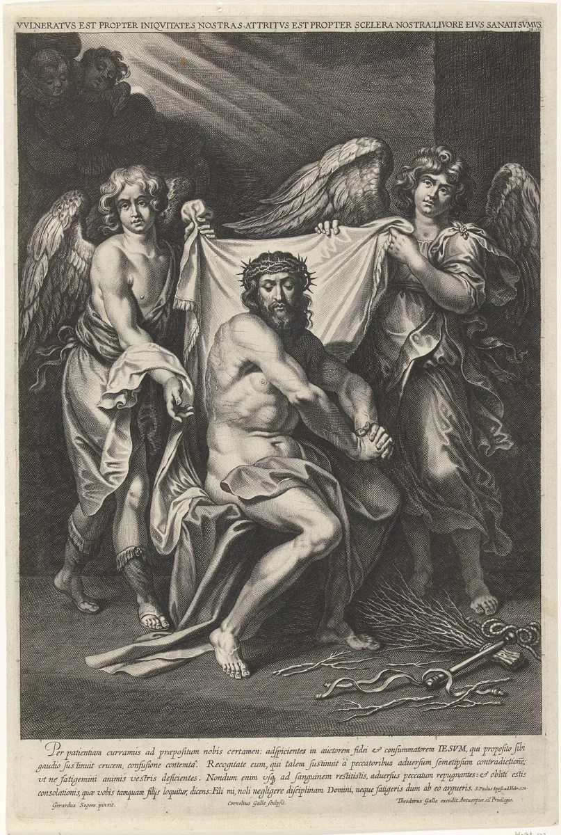 Christus als Man van Smarten met twee engelen en twee cherubijnen by Unknown, print, 1586-1633