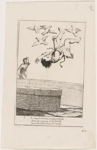 Bertoldino Falling into a Fish Pond by Giuseppe Maria Crespi, print, 1705-1715