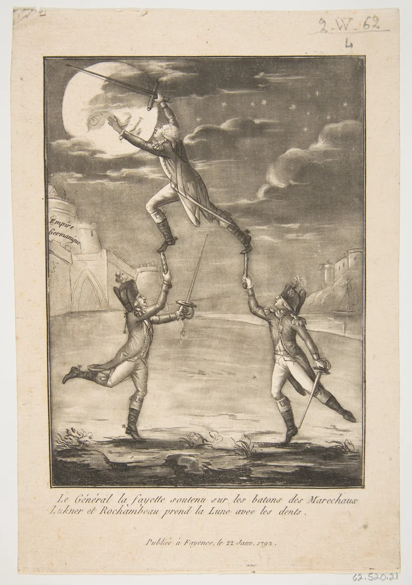 Le Général la fayette soutenu sur les batons des marechaux Lukner et Rochambeau prend la Lune avec les dents by anonymous, print, 1792
