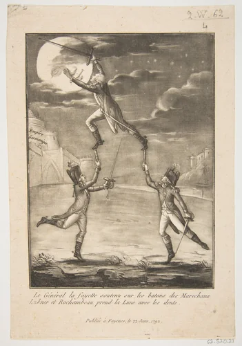 Le Général la fayette soutenu sur les batons des marechaux Lukner et Rochambeau prend la Lune avec les dents by anonymous, print, 1792