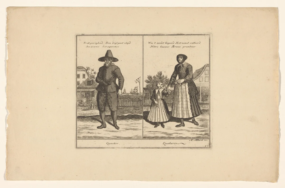 Quaeker en Quakerin by Abraham Allard, print, 1676-1725