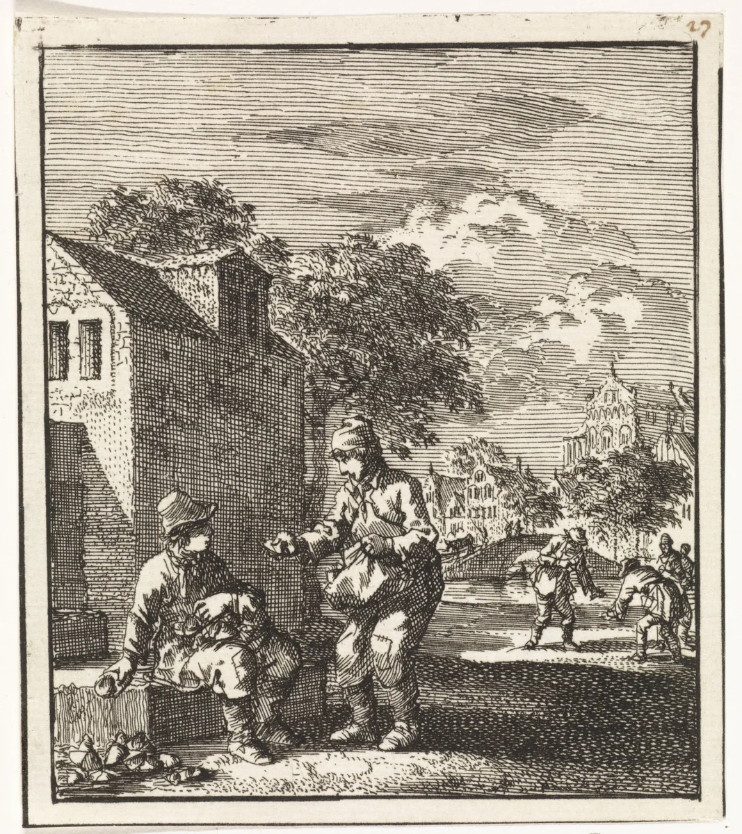 Jongen toont zijn vriend een gevonden voorwerp by Jan Luyken, print, 1712