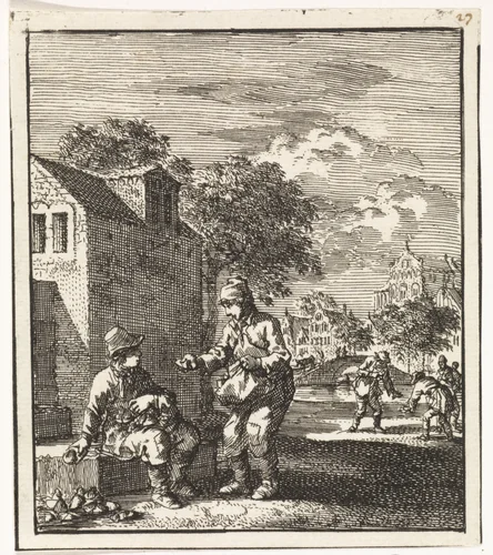Jongen toont zijn vriend een gevonden voorwerp by Jan Luyken, print, 1712