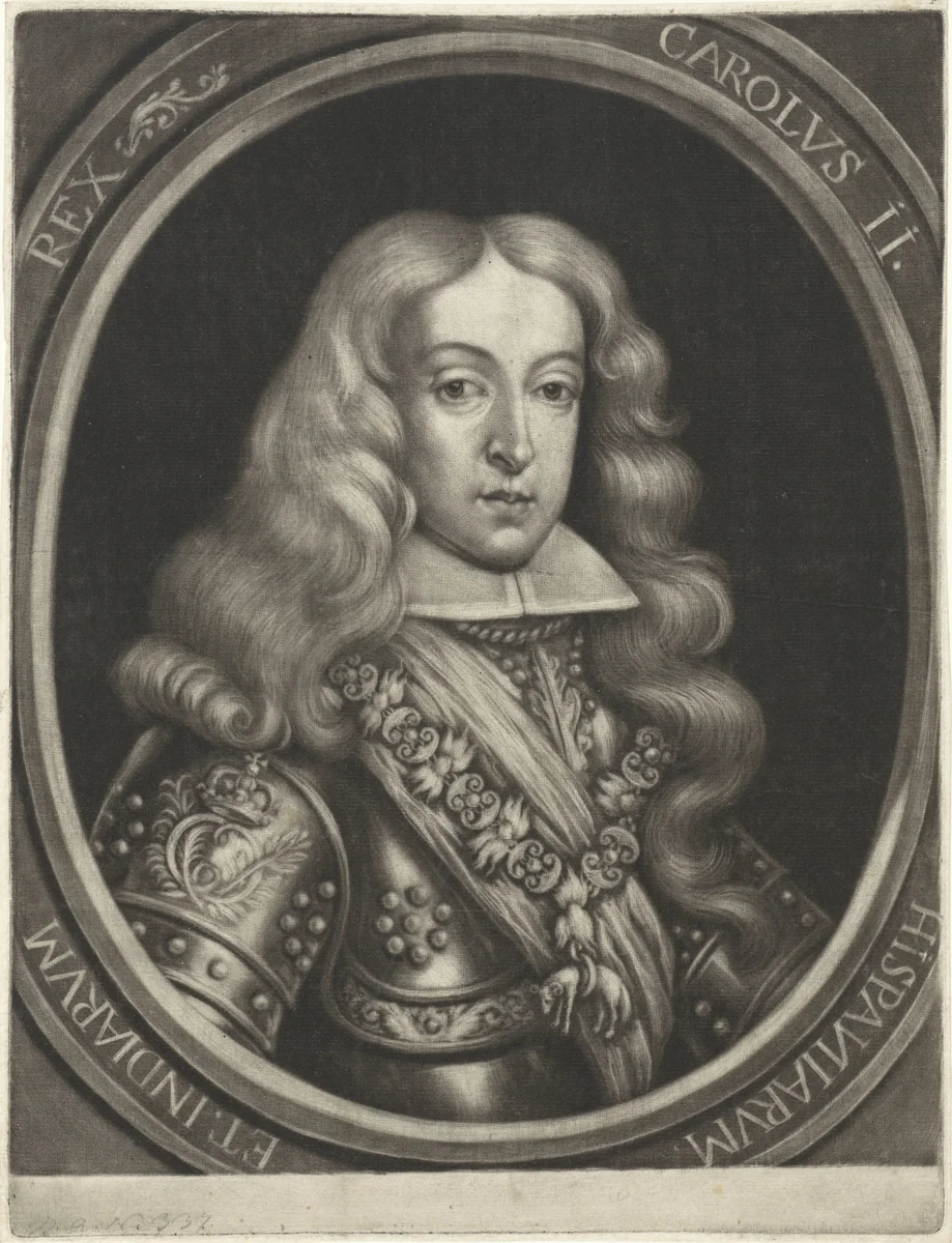 Portret van Karel II, koning van Spanje by Jan van Somer, print, 1671-1700