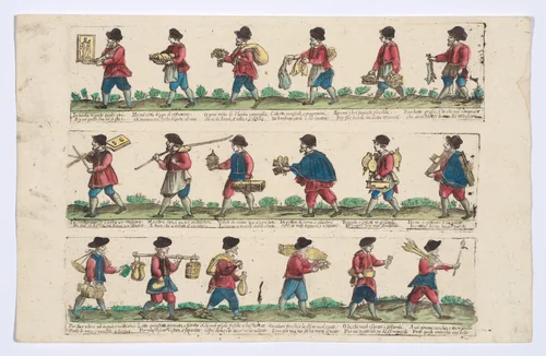 Unnumbered plate depicting the trades of Rome, here including vendors of religious images, herbs, pigs, socks, bellows, milk, etc, from the 'Descrición de las artes que se llaman para los calles de la ciudad de Roma' by Remondini, print, 1765-1805