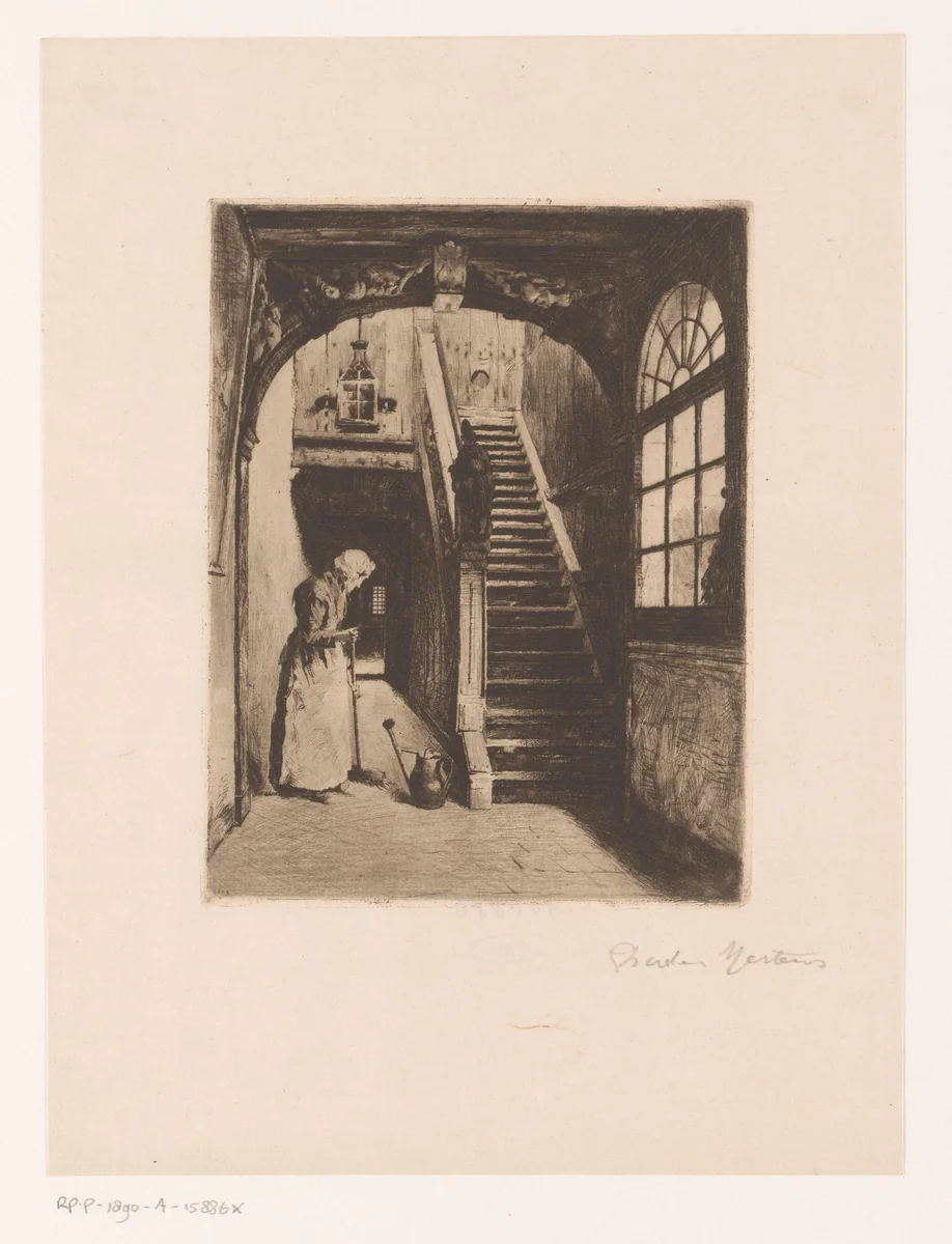 Vrouw veegt een gang met trap by Charles Mertens, print, 1885