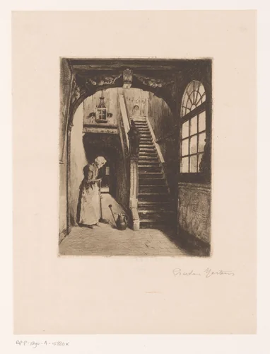 Vrouw veegt een gang met trap by Charles Mertens, print, 1885