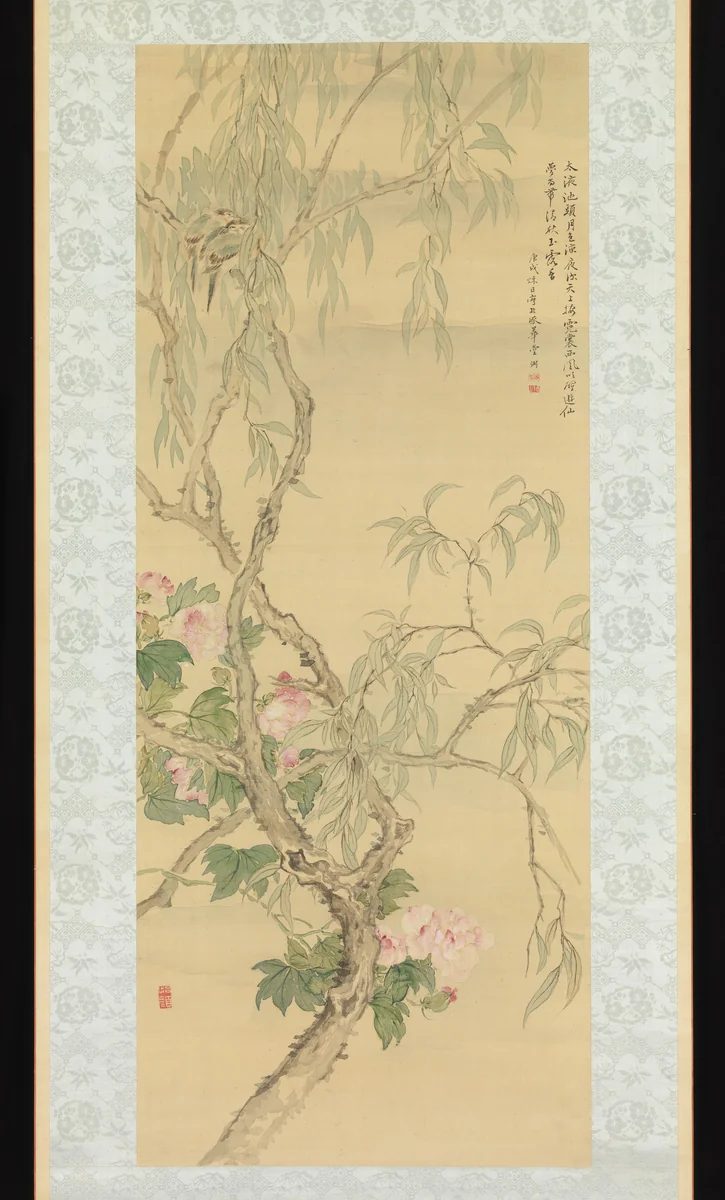 Small Birds on a Willow Branch and Hibiscus Blossoms by Tsubaki Chinzan (椿椿山), painting, 1850