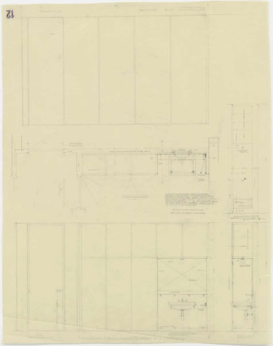 Tugendhat House, Brno, Czech Republic, Storage wall with built-in sink between children's room and vestibule. Plan, elevations, sections. by Ludwig Mies van der Rohe, mies van der rohe archive, 1928