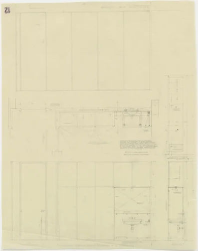 Tugendhat House, Brno, Czech Republic, Storage wall with built-in sink between children's room and vestibule. Plan, elevations, sections. by Ludwig Mies van der Rohe, mies van der rohe archive, 1928