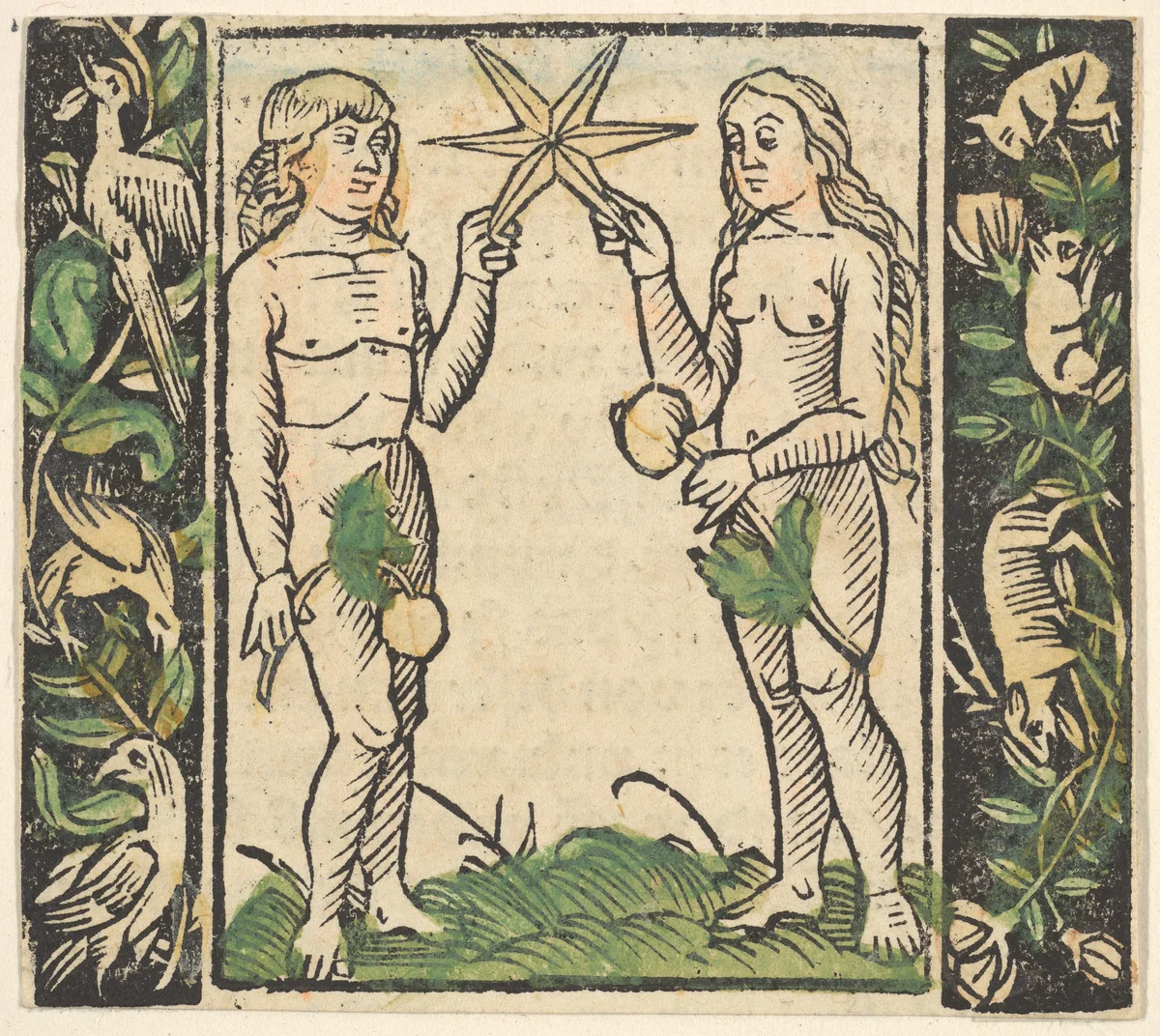 Adam and Eve Holding a Star, illustration from Beschlossen Gart des Rosenkranz Mariae by Hans Baldung, print, 1500-1545