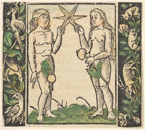 Adam and Eve Holding a Star, illustration from Beschlossen Gart des Rosenkranz Mariae by Hans Baldung, print, 1500-1545