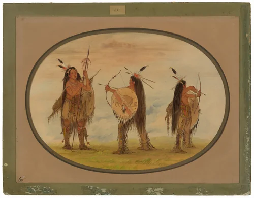 Three Mandan Warriors Armed for War by George Catlin, painting, 1861-1869