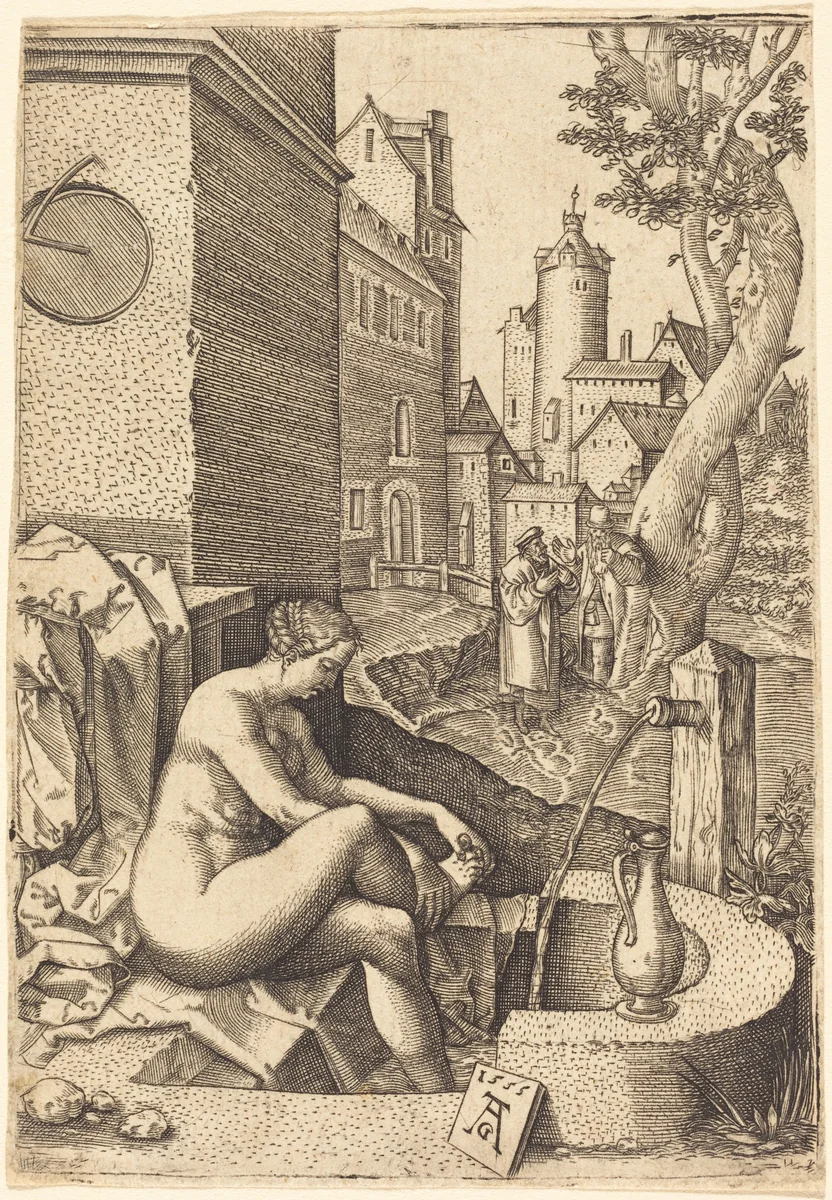 Susanna Surprised by the Two Elders by Heinrich Aldegrever, print, 1555