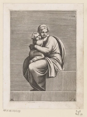Zittende vrouw met kind by Unknown, print, 1585