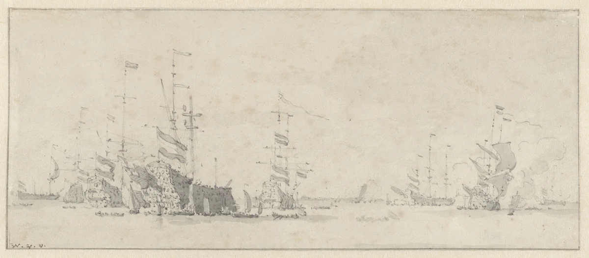 Het opbrengen van veroverde Engelse schepen by Willem van de Velde, drawing, 1666