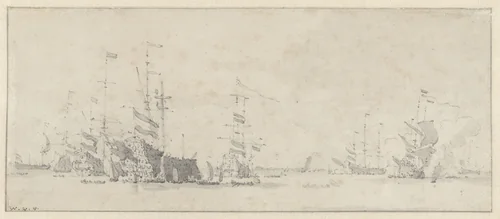 Het opbrengen van veroverde Engelse schepen by Willem van de Velde, drawing, 1666