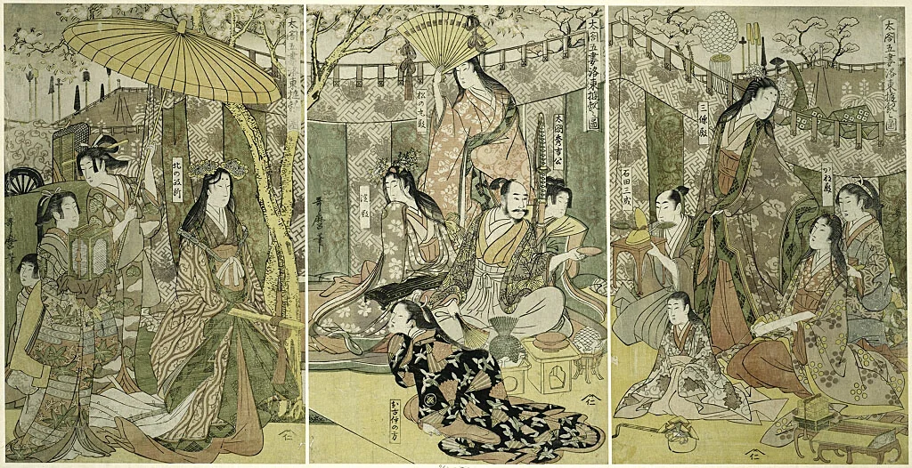 Picture of Hideyoshi and his Five Wives Viewing Cherry Blossoms at Higashiyama (Taiko gosai rakuto yukan no zu) by Kitagawa Utamaro (喜多川歌麿), print, 1798-1809