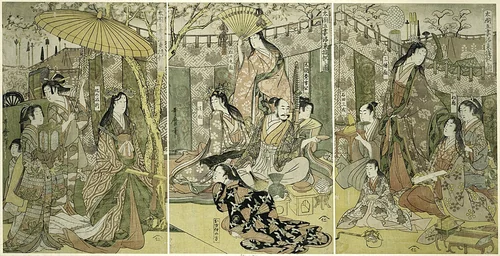 Picture of Hideyoshi and his Five Wives Viewing Cherry Blossoms at Higashiyama (Taiko gosai rakuto yukan no zu) by Kitagawa Utamaro (喜多川歌麿), print, 1798-1809