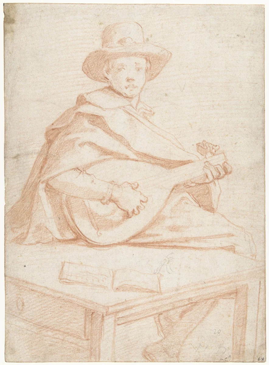 Een luitspeler by Jacopo da Empoli, drawing, 1561-1640