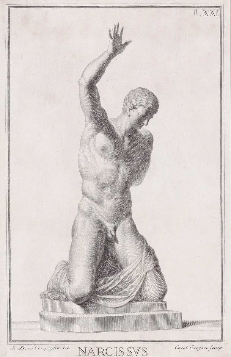 Plate LXXI (71): Narcissus, from "Museum Florentinum" (Statuae antiquae dorum et virorum illustrium) by Carlo Gregori, print, 1734