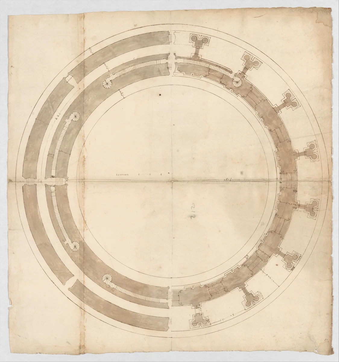 St. Peter's, drum, plans at two levels (recto) blank (verso) by anonymous, drawing, 1500-1560