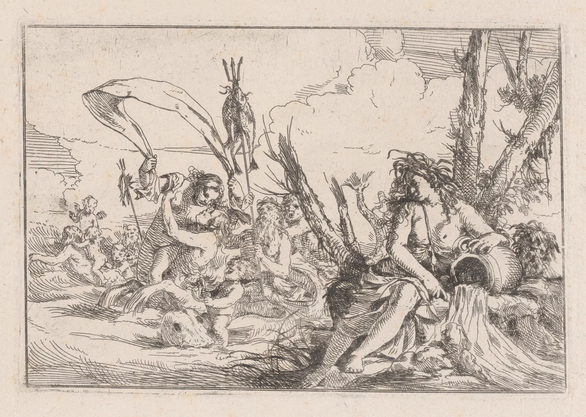 Water, represented by a naiad seated at the base of a tree and resting her arm on a supine urn from which water flows, behind her a triton and other inhabitants of the sea rise from the water surface, from "The Elements" by Giulio Carpioni, print, 1640-1660