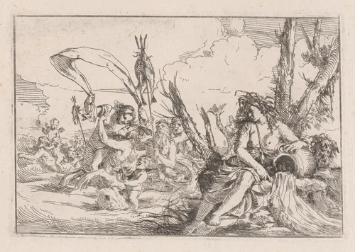Water, represented by a naiad seated at the base of a tree and resting her arm on a supine urn from which water flows, behind her a triton and other inhabitants of the sea rise from the water surface, from "The Elements" by Giulio Carpioni, print, 1640-1660