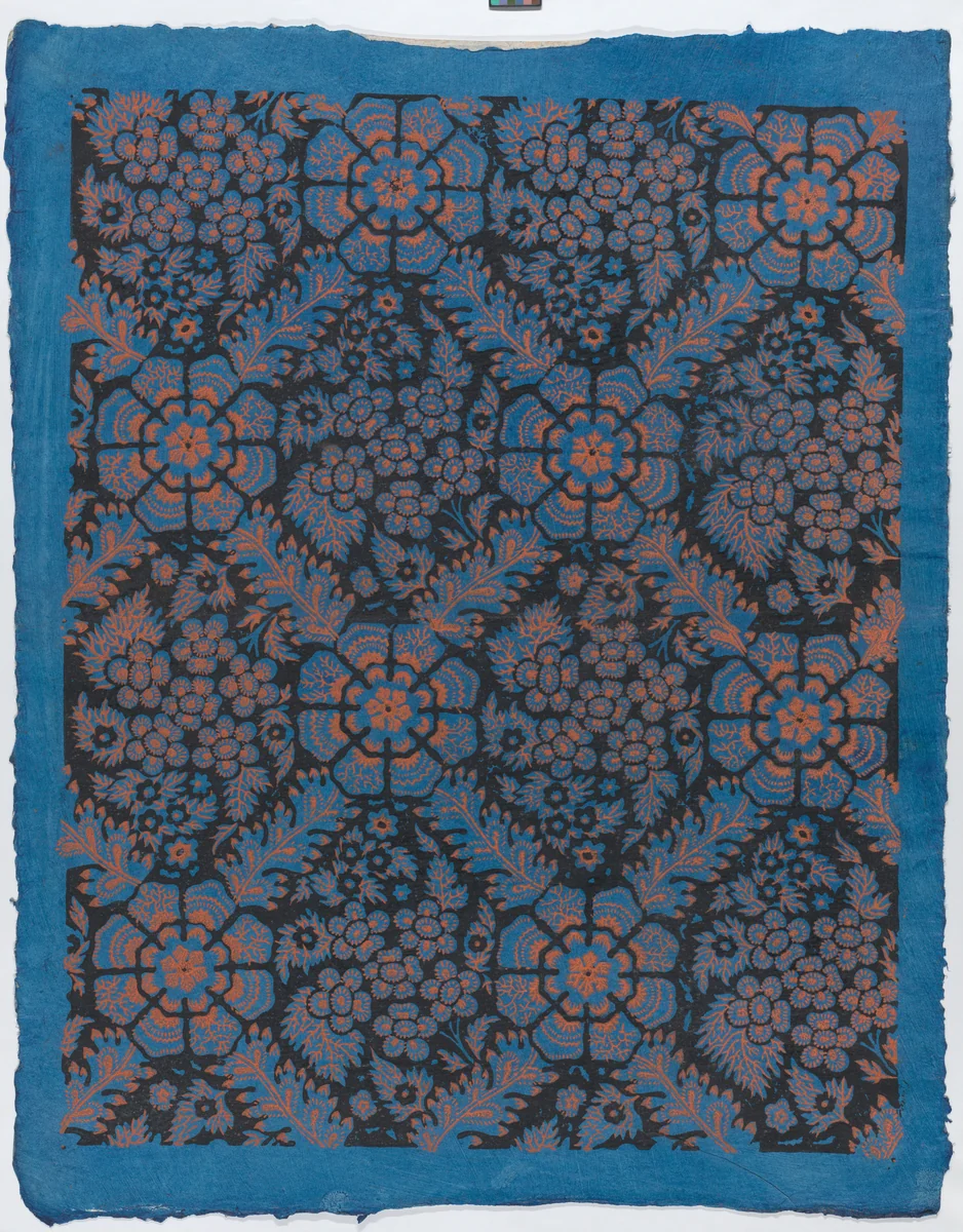 Sheet with overall floral pattern on blue background by anonymous, print, 1775-1875